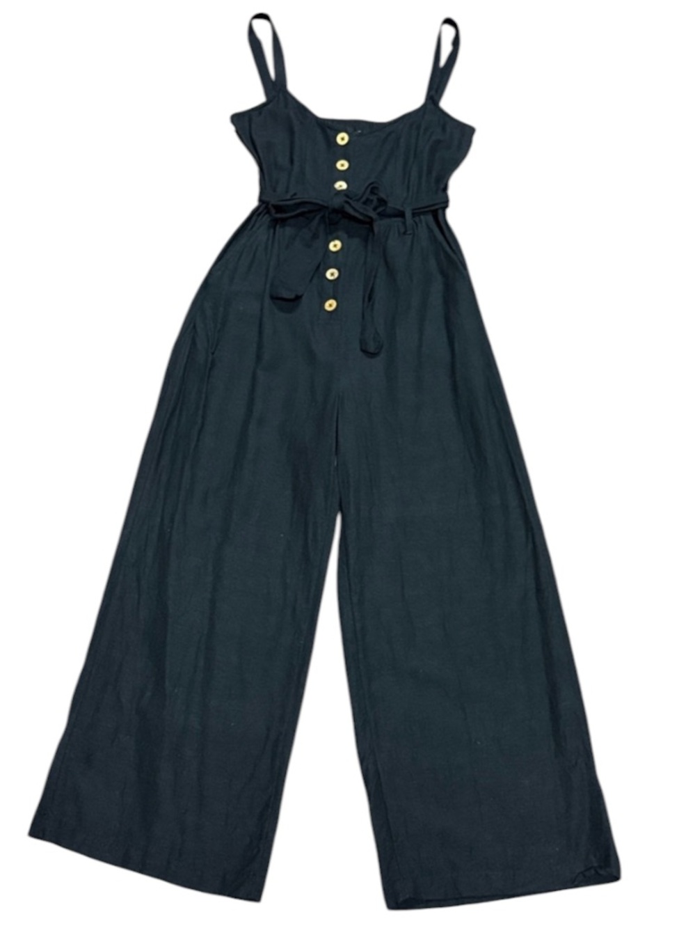 Roxy Black Linen Blend Wide Leg Jumpsuit XS Button Front Belted Pockets boho - Picture 6 of 9
